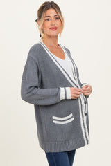 Grey Oversized Contrast Stripe Maternity Button Cardigan