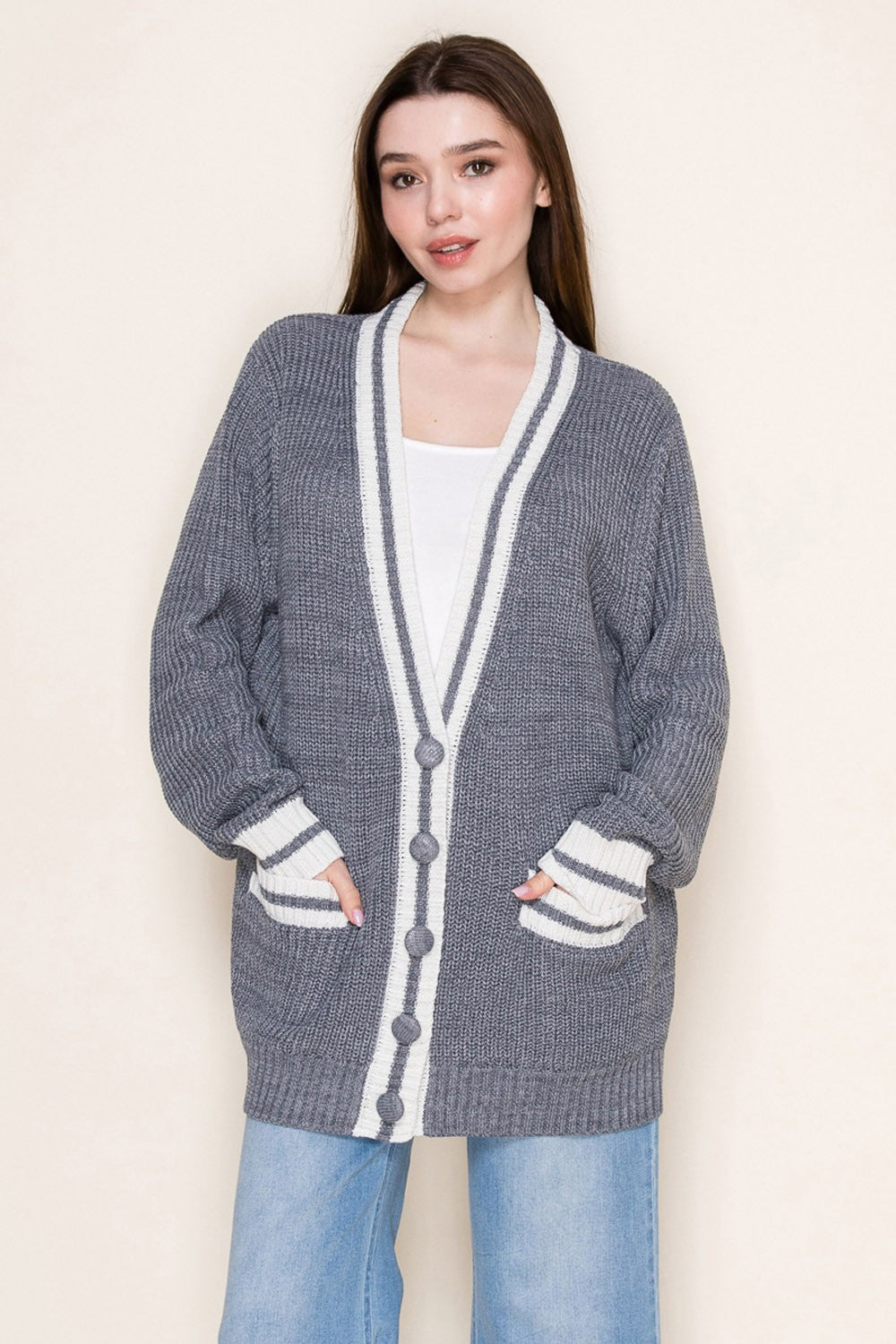 Grey Oversized Contrast Stripe Button Cardigan