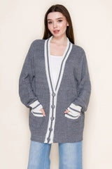 Grey Oversized Contrast Stripe Button Cardigan