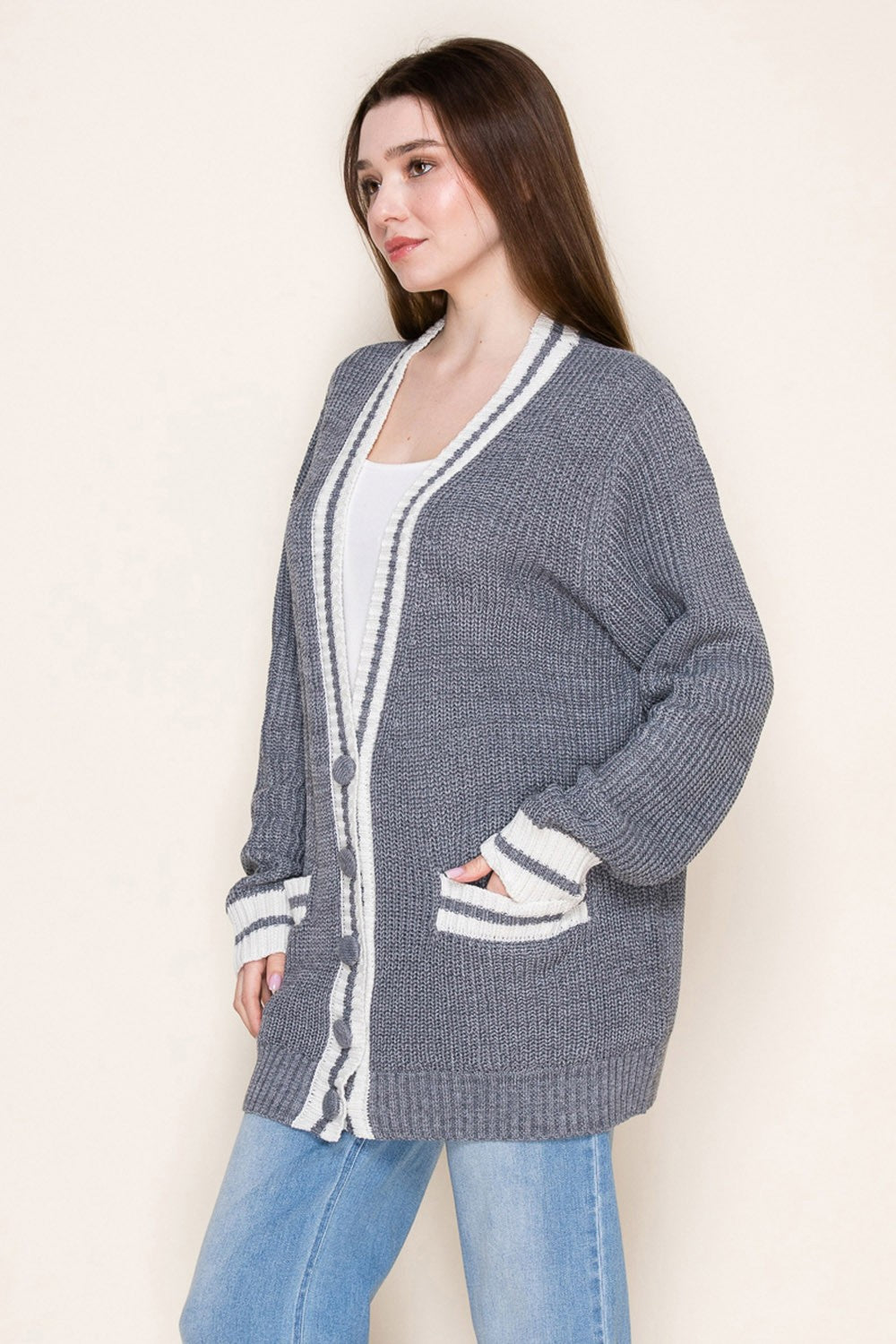 Grey Oversized Contrast Stripe Button Cardigan