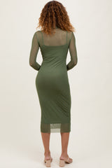 Olive Green Mesh Overlay Fitted Midi Dress
