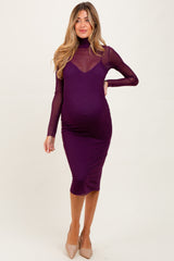 Purple Mesh Overlay Fitted Maternity Midi Dress