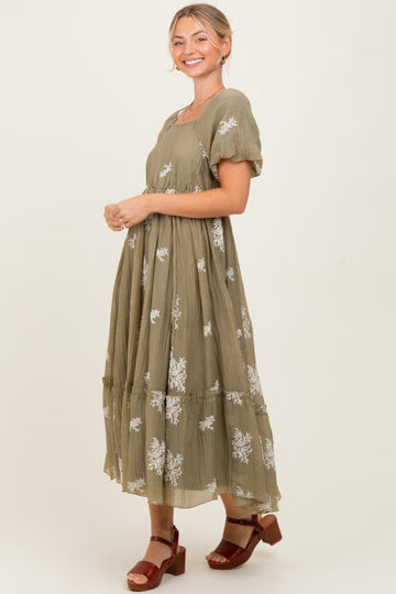 Light Olive Floral Print Ruffle Hem Midi Dress