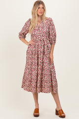 Cream Floral Button Down Front Tie Maternity Midi Dress