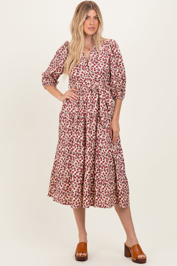 Cream Floral Button Down Front Tie Maternity Midi Dress