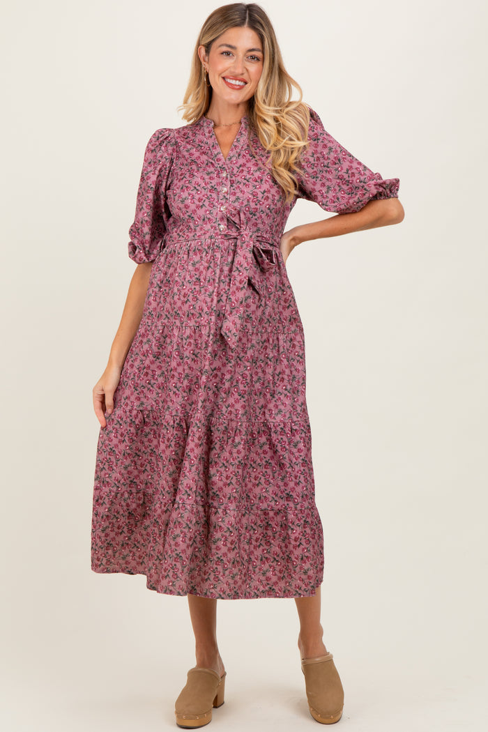 Pink Floral Button Down Front Tie Maternity Midi Dress