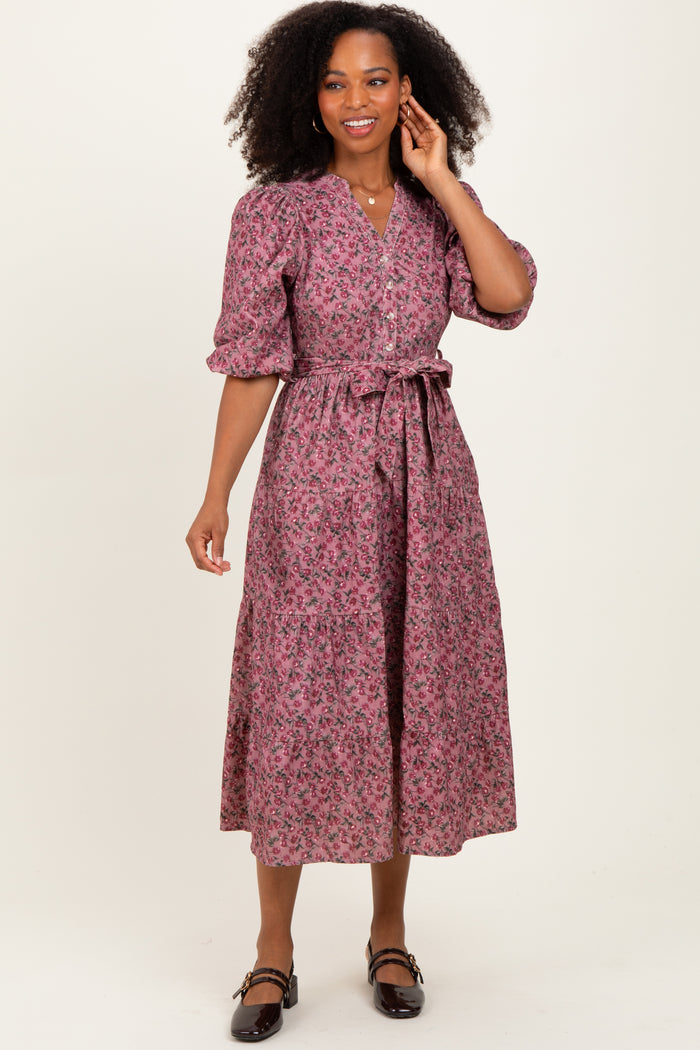 Pink Floral Button Down Front Tie Midi Dress