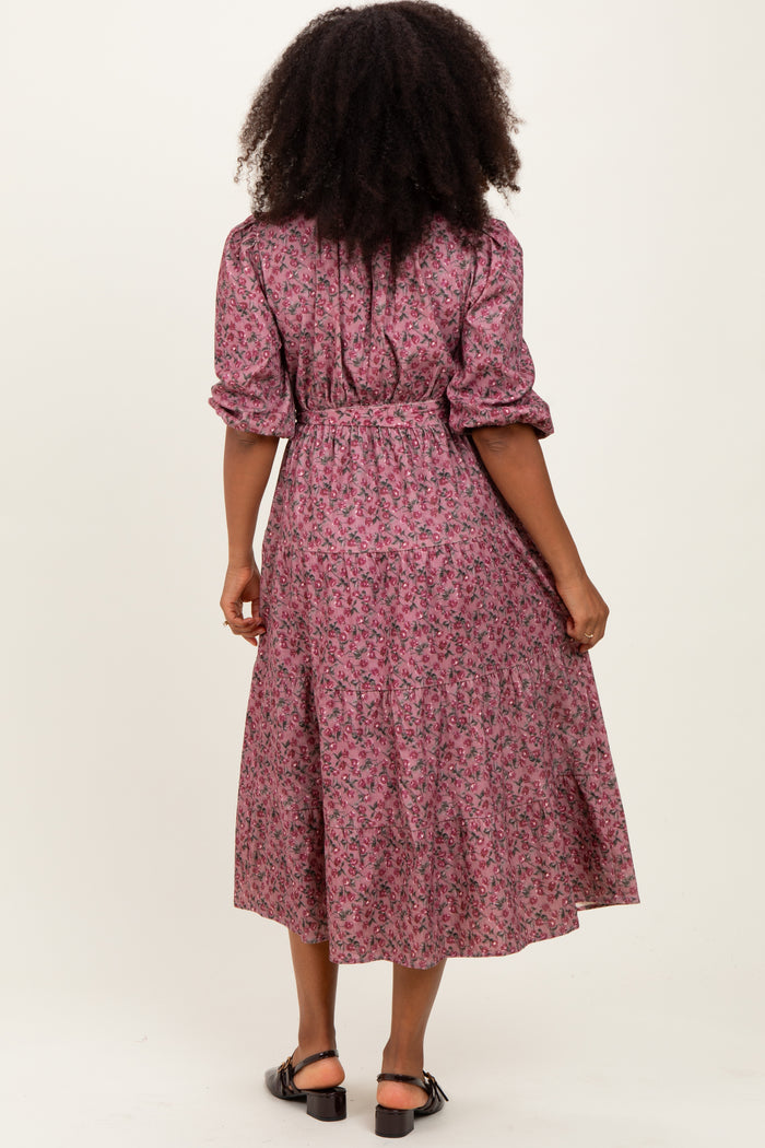 Pink Floral Button Down Front Tie Midi Dress