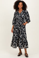 Black Floral Button Front V-Neck Maternity Midi Dress