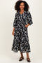Black Floral Button Front V-Neck Midi Dress