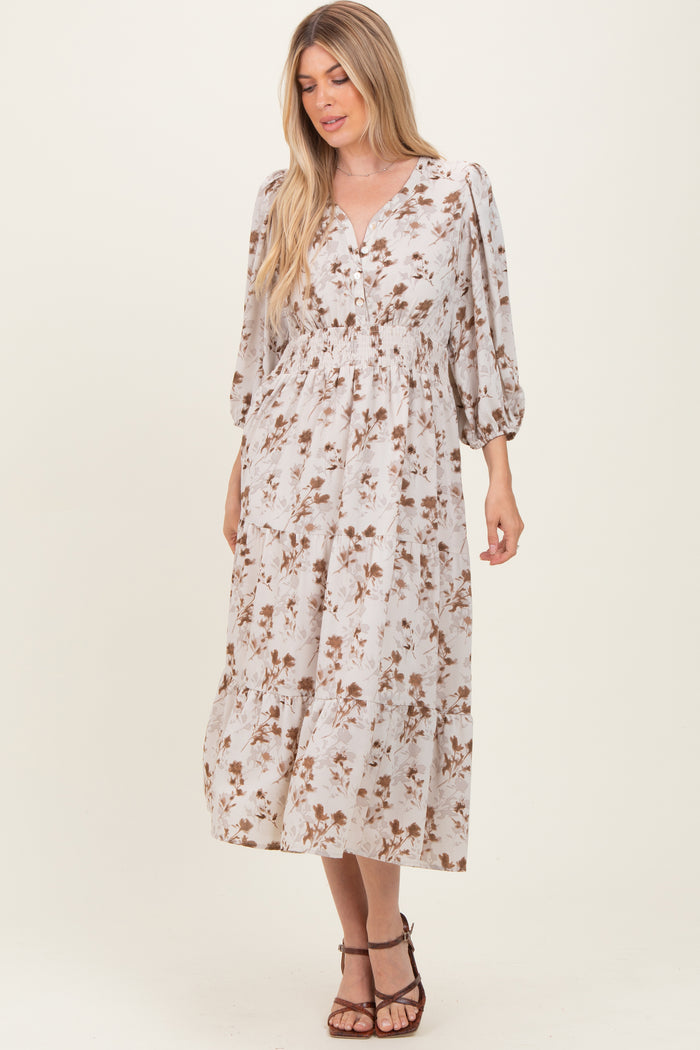 Cream Floral Button Front V-Neck Midi Dress