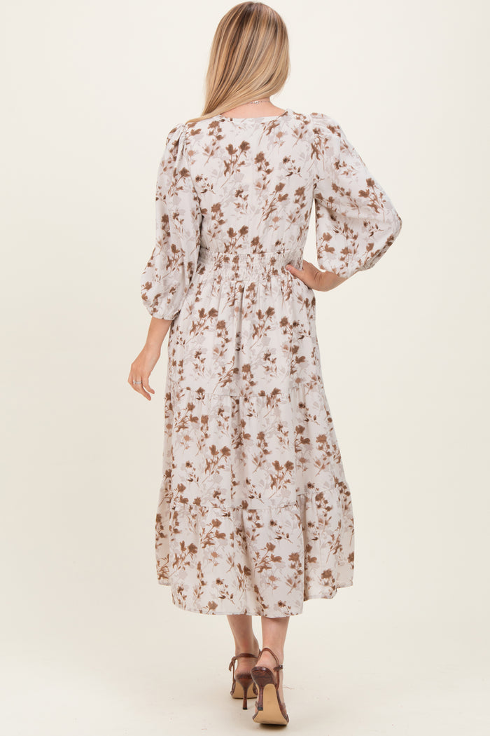 Cream Floral Button Front V-Neck Midi Dress