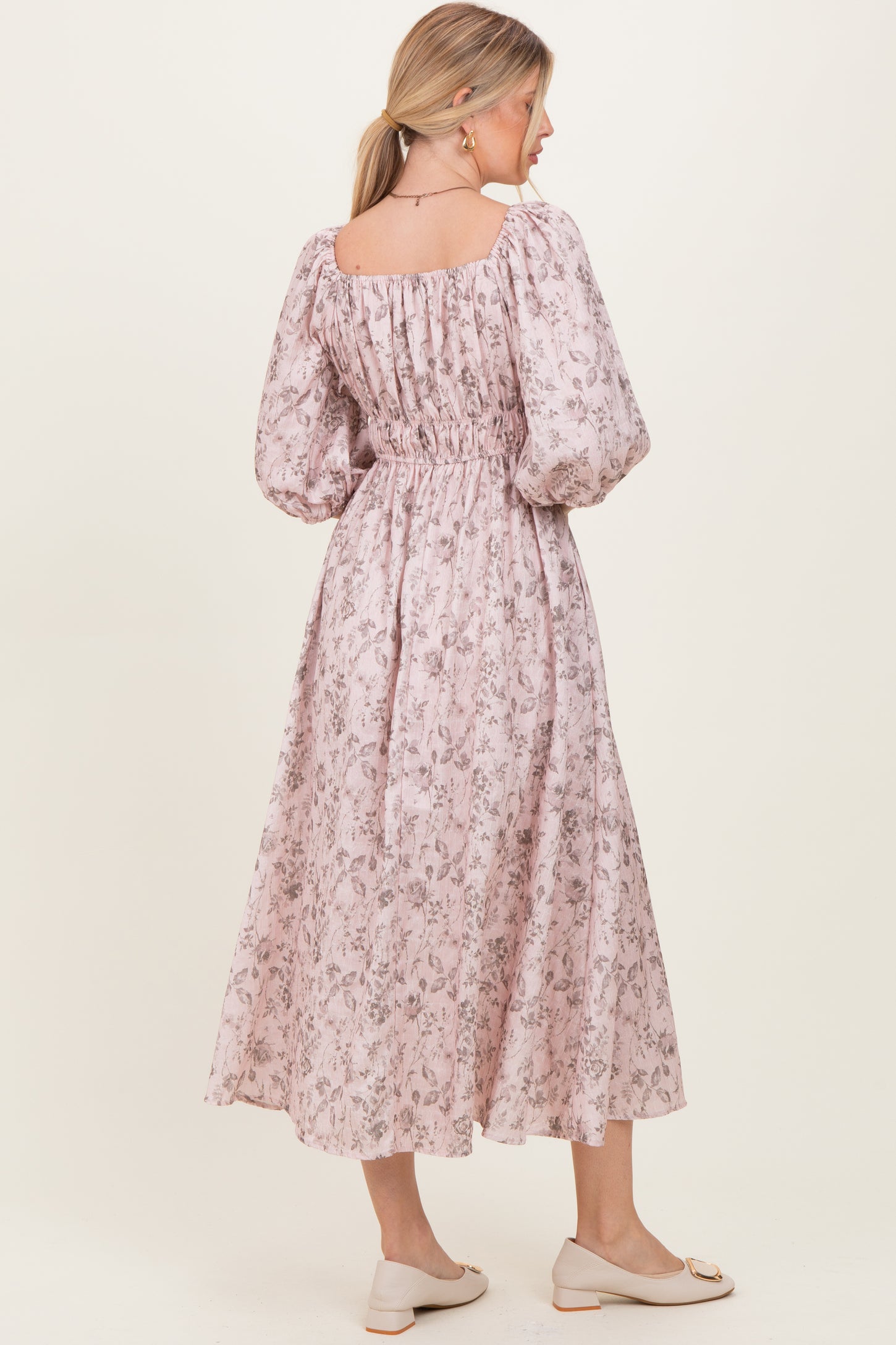 Light Pink Floral Puff Sleeve Smocked Waist Midi Dress