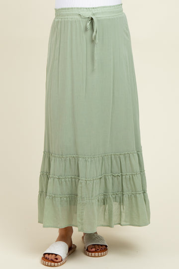 Light Olive Drawstring Layered Ruffle Hem Maternity Maxi Skirt