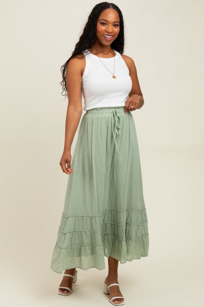 Light Olive Drawstring Layered Ruffle Hem Maxi Skirt
