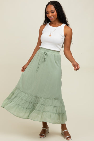Light Olive Drawstring Layered Ruffle Hem Maxi Skirt