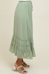 Light Olive Drawstring Layered Ruffle Hem Maxi Skirt
