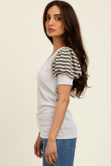 Beige/Olive Striped Ribbed Short Puff Sleeve V-Neck Top