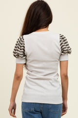 Beige/Olive Striped Ribbed Short Puff Sleeve V-Neck Top
