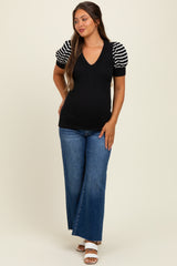 Black/Black Striped Ribbed Short Puff Sleeve V-Neck Maternity Top
