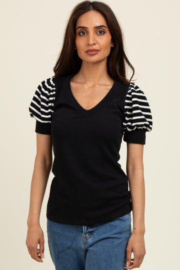 Black/Black Striped Ribbed Short Puff Sleeve V-Neck Top