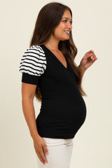 Black/Ivory Striped Ribbed Short Puff Sleeve V-Neck Maternity Top