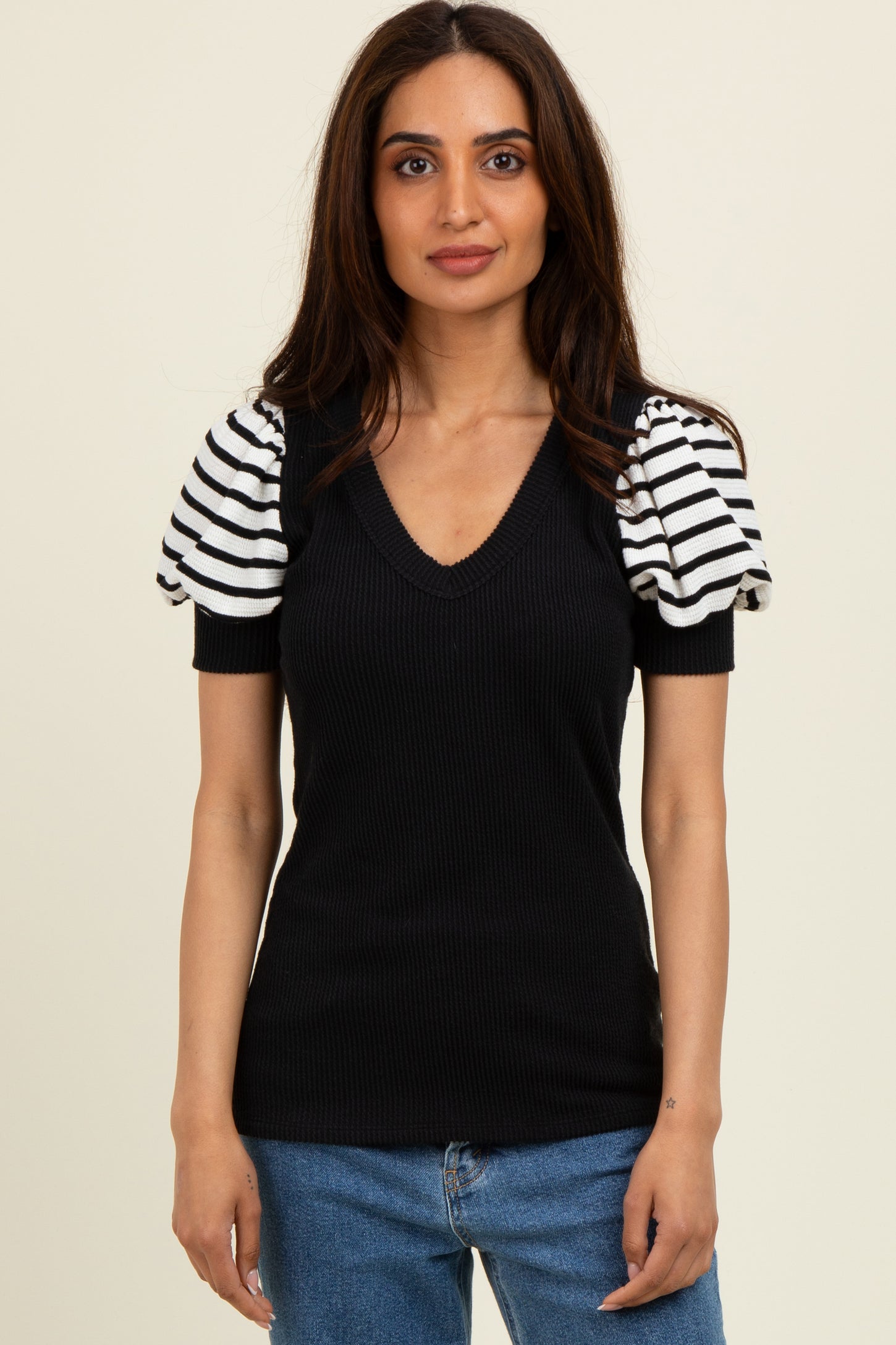Black/Ivory Striped Ribbed Short Puff Sleeve V-Neck Maternity Top