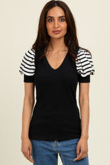 Black/Ivory Striped Ribbed Short Puff Sleeve V-Neck Top