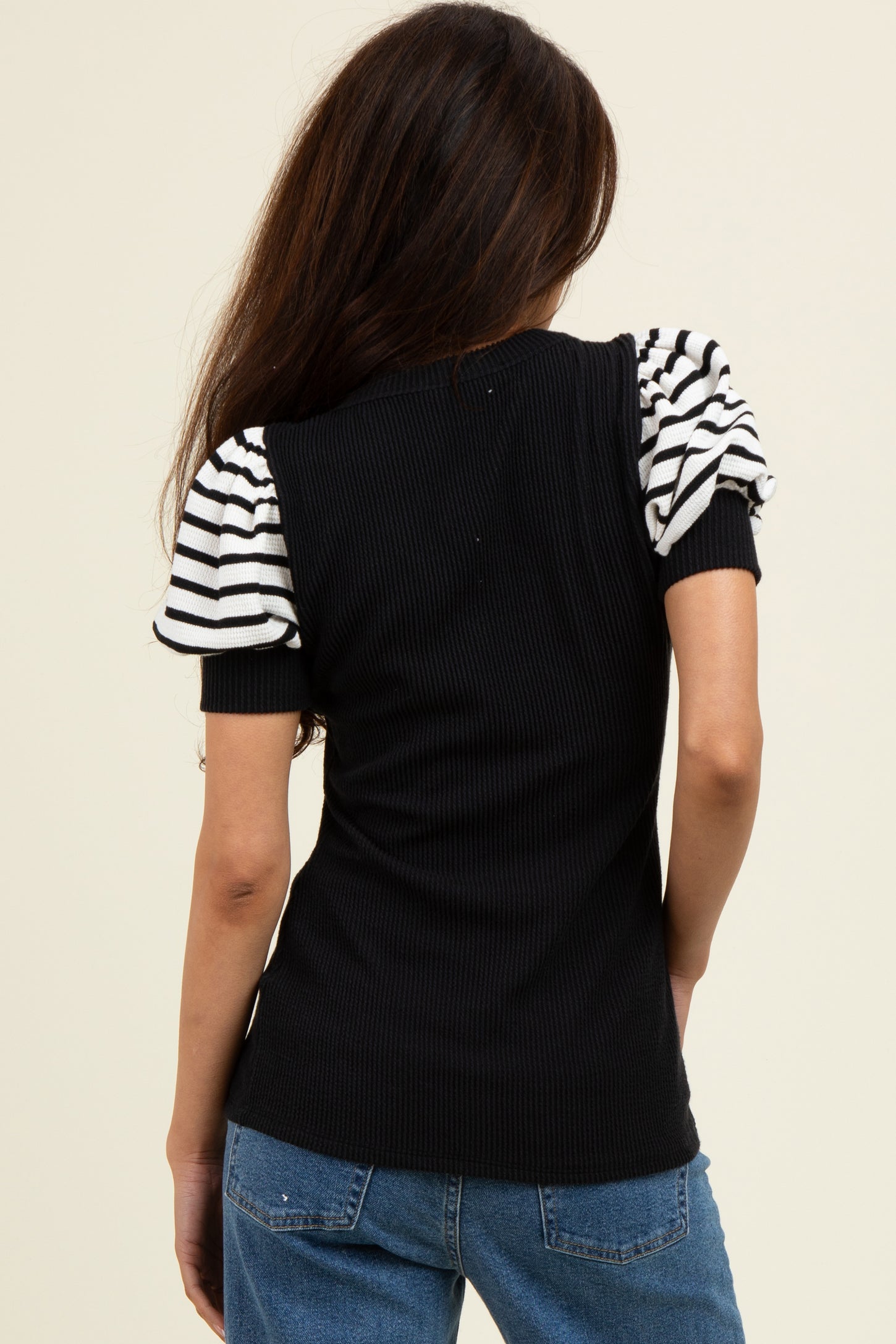 Black/Ivory Striped Ribbed Short Puff Sleeve V-Neck Top