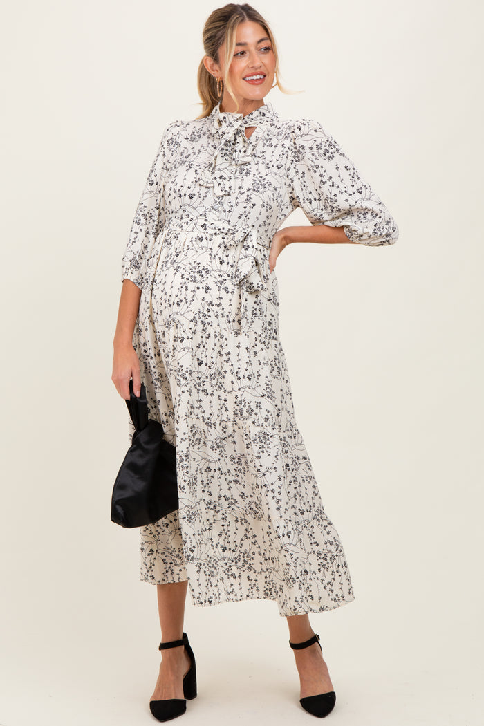 Cream Floral Neck Tie Maternity Midi Dress