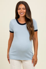 Light Blue/Navy Ribbed Short Contrast Sleeve Maternity Top