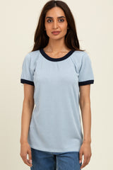 Light Blue/Navy Ribbed Short Contrast Sleeve Top