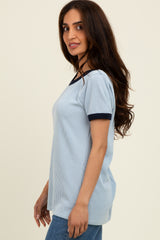 Light Blue/Navy Ribbed Short Contrast Sleeve Top