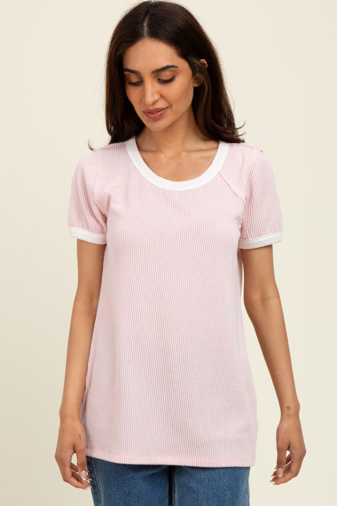 Light Pink/Ivory Ribbed Short Contrast Sleeve Maternity Top