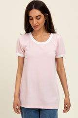 Light Pink/Ivory Ribbed Short Contrast Sleeve Maternity Top