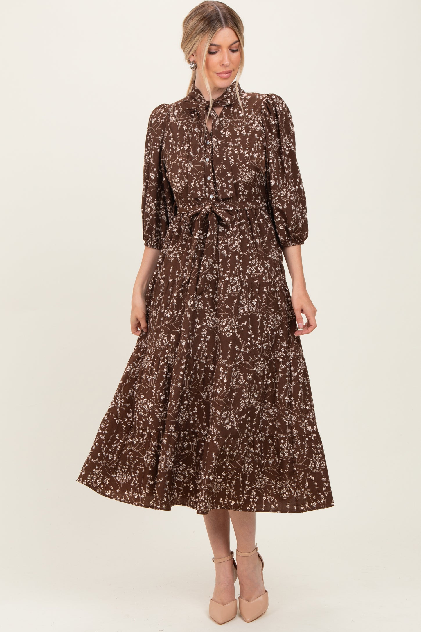 Brown Floral Neck Tie Midi Dress
