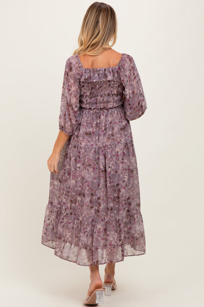 Lavender Floral Square Neck Ruffle Maternity Midi Dress