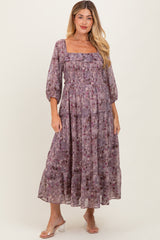 Lavender Floral Square Neck Ruffle Maternity Midi Dress
