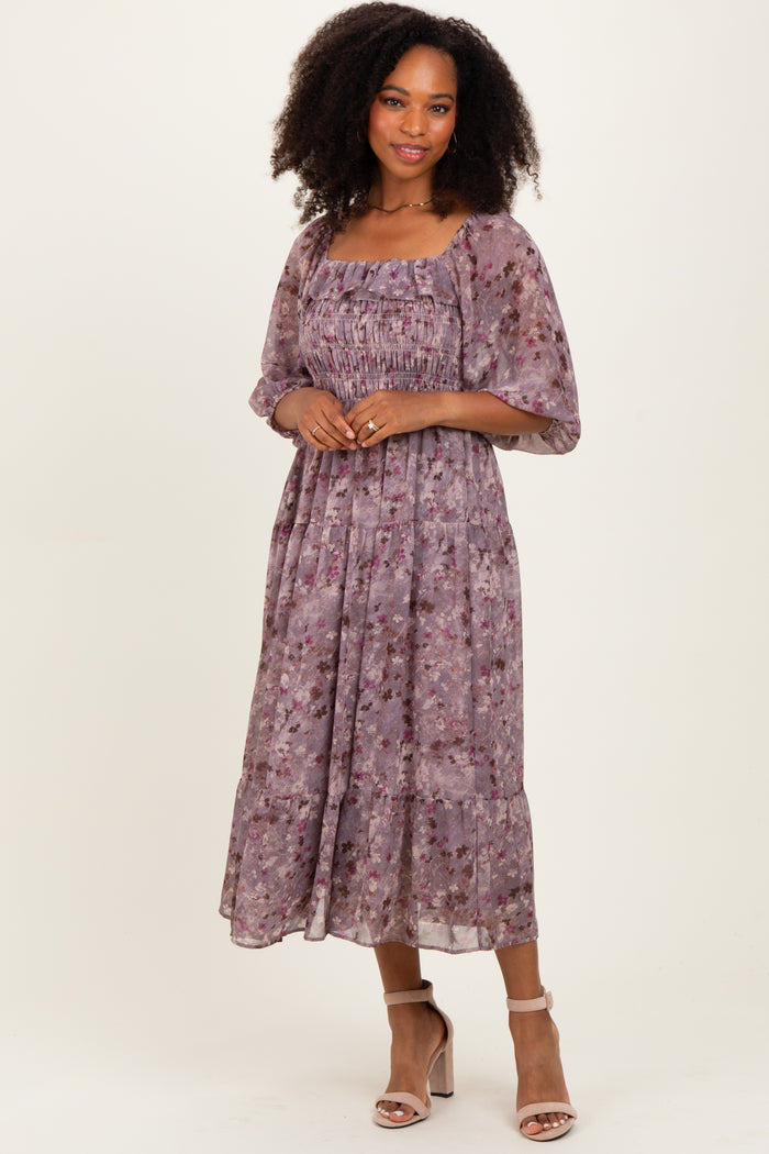 Lavender Floral Square Neck Ruffle Midi Dress