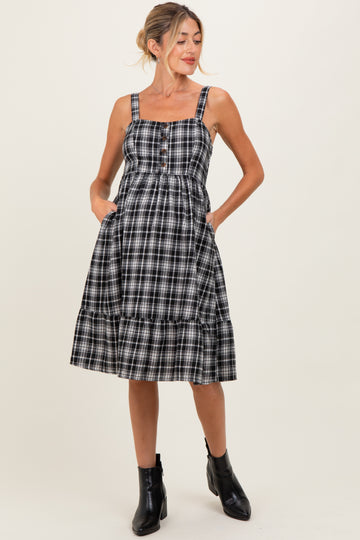 Black Plaid Square Neck Maternity Dress