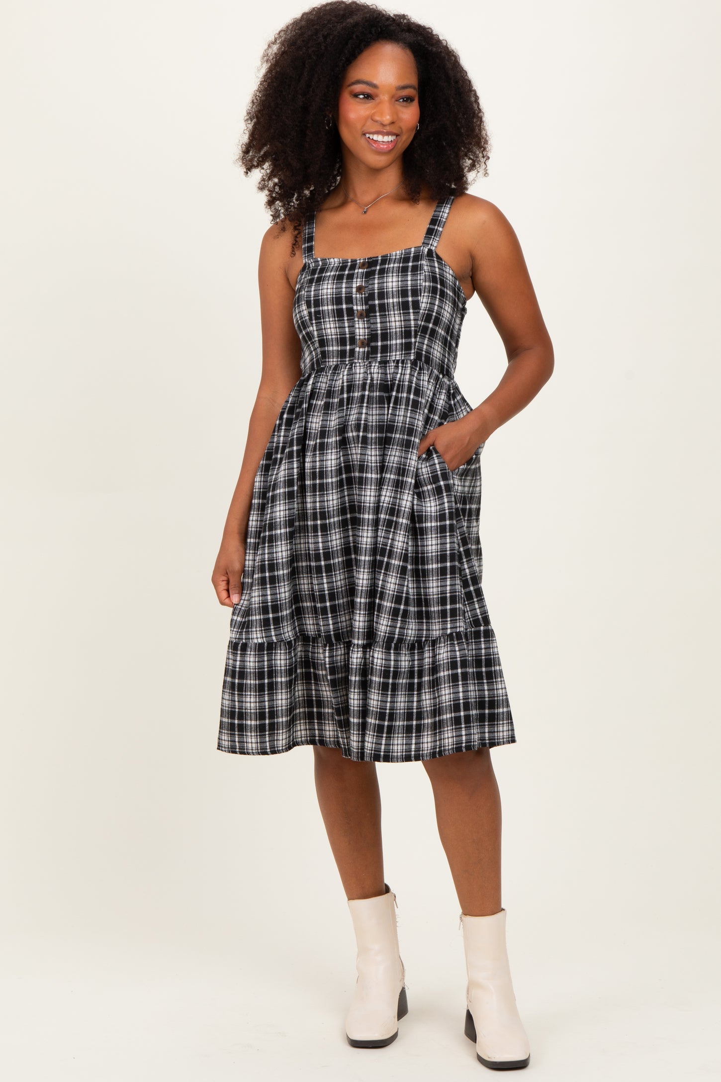 Black Plaid Square Neck Dress