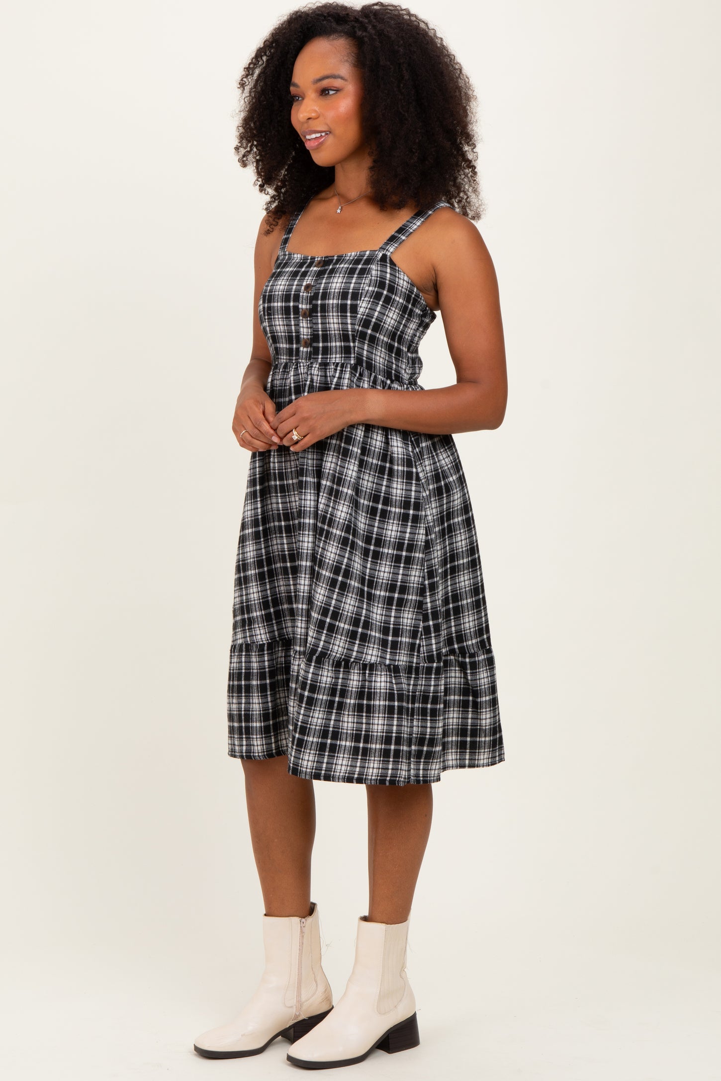 Black Plaid Square Neck Dress