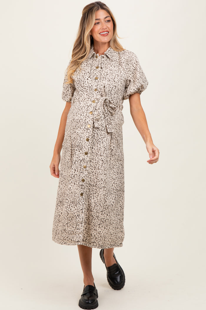 Cream Floral Button Front Waist Tie Maternity Midi Dress
