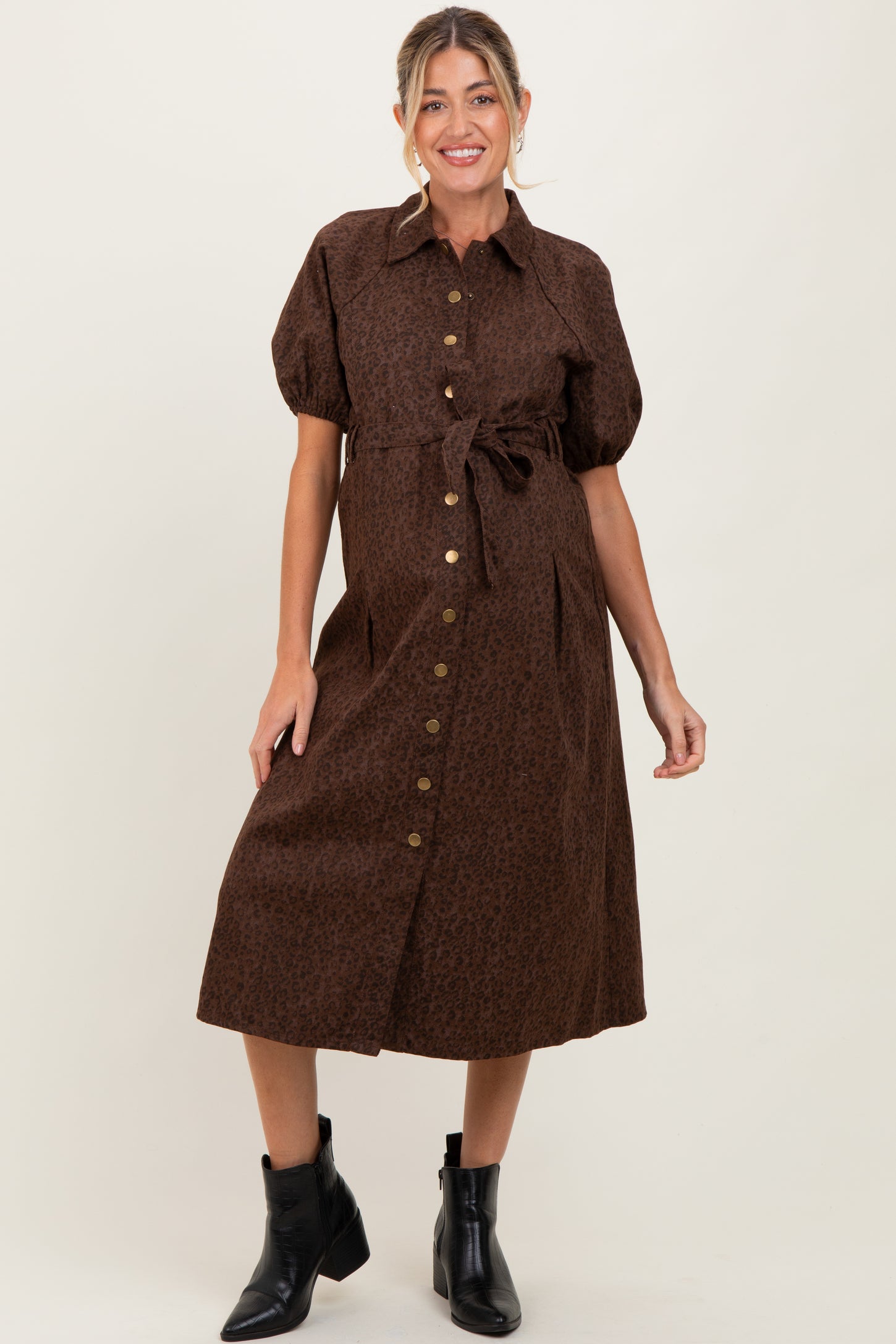 Brown Floral Button Front Waist Tie Maternity Midi Dress