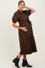 Brown Floral Button Front Waist Tie Maternity Midi Dress