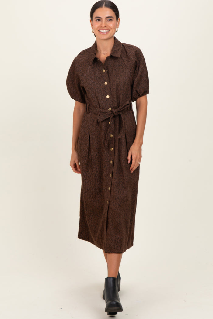 Brown Floral Button Front Waist Tie Midi Dress