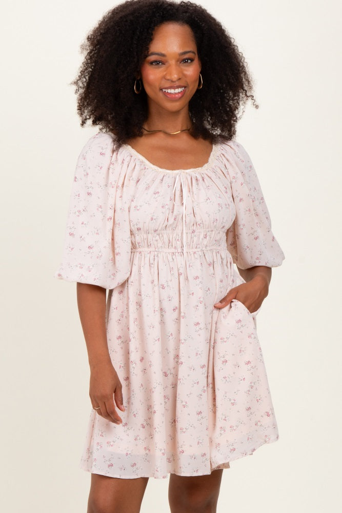 Cream Floral Square Neck Bubble Sleeve Maternity Dress