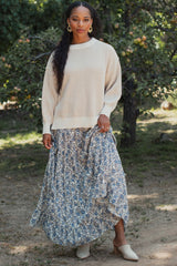 Blue Floral Smocked Waist Tiered Maxi Skirt