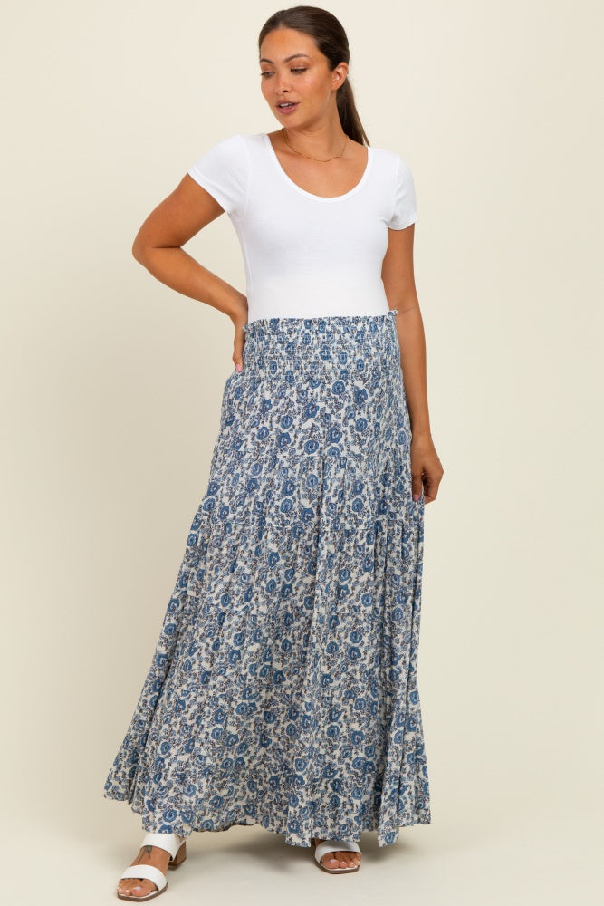Blue Floral Smocked Waist Tiered Maternity Maxi Skirt