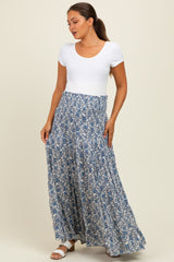 Blue Floral Smocked Waist Tiered Maternity Maxi Skirt
